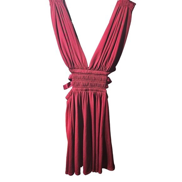 Sleeveless Red Burgundy V-Neck Dress With Shirred Waist & Side Ties By Express S - Picture 1 of 5